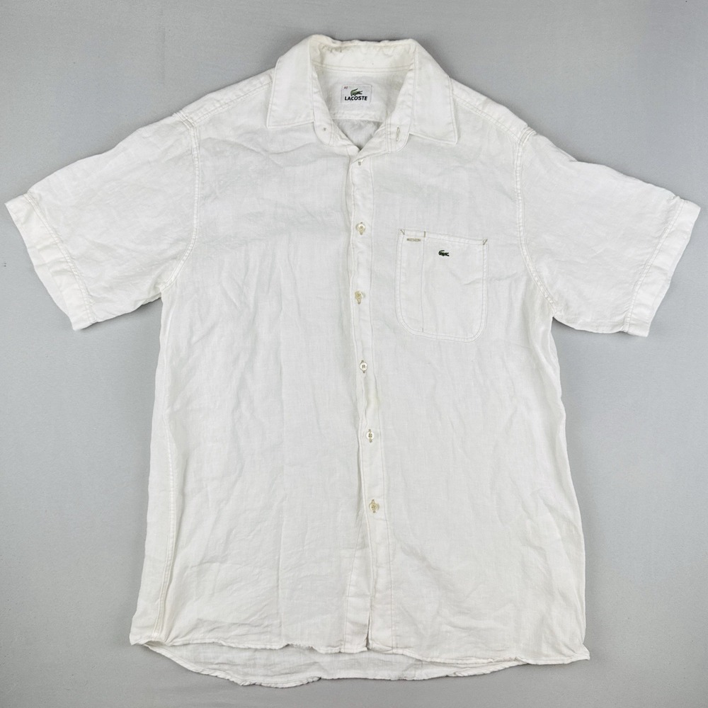 Vintage Lacoste 100% Linen Button Up Shirt White Short Sleeve Pocket Men's M